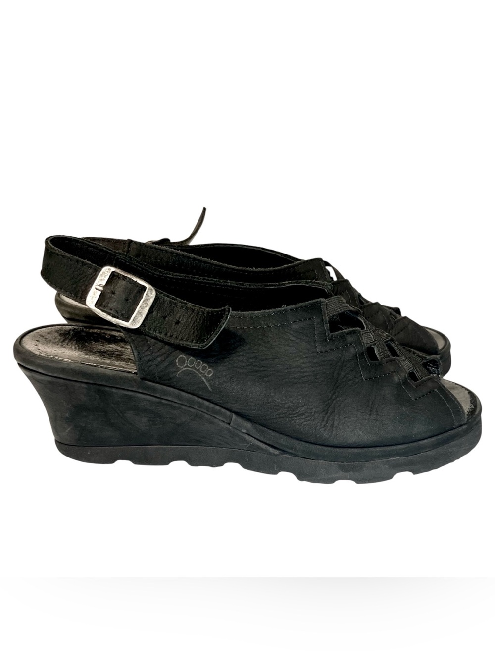 Spring Step Nubuck Wedge Slingback Sandals Black Suede Leather Comfort 39 8.5